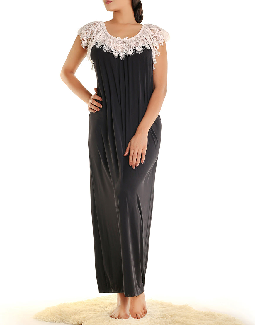 LONG NIGHTY WITH CONTRAST LACE NECKLINE AND DROP SHOULDERS-BLACK