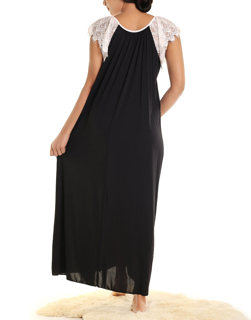 LONG NIGHTY WITH CONTRAST LACE NECKLINE AND DROP SHOULDERS-BLACK