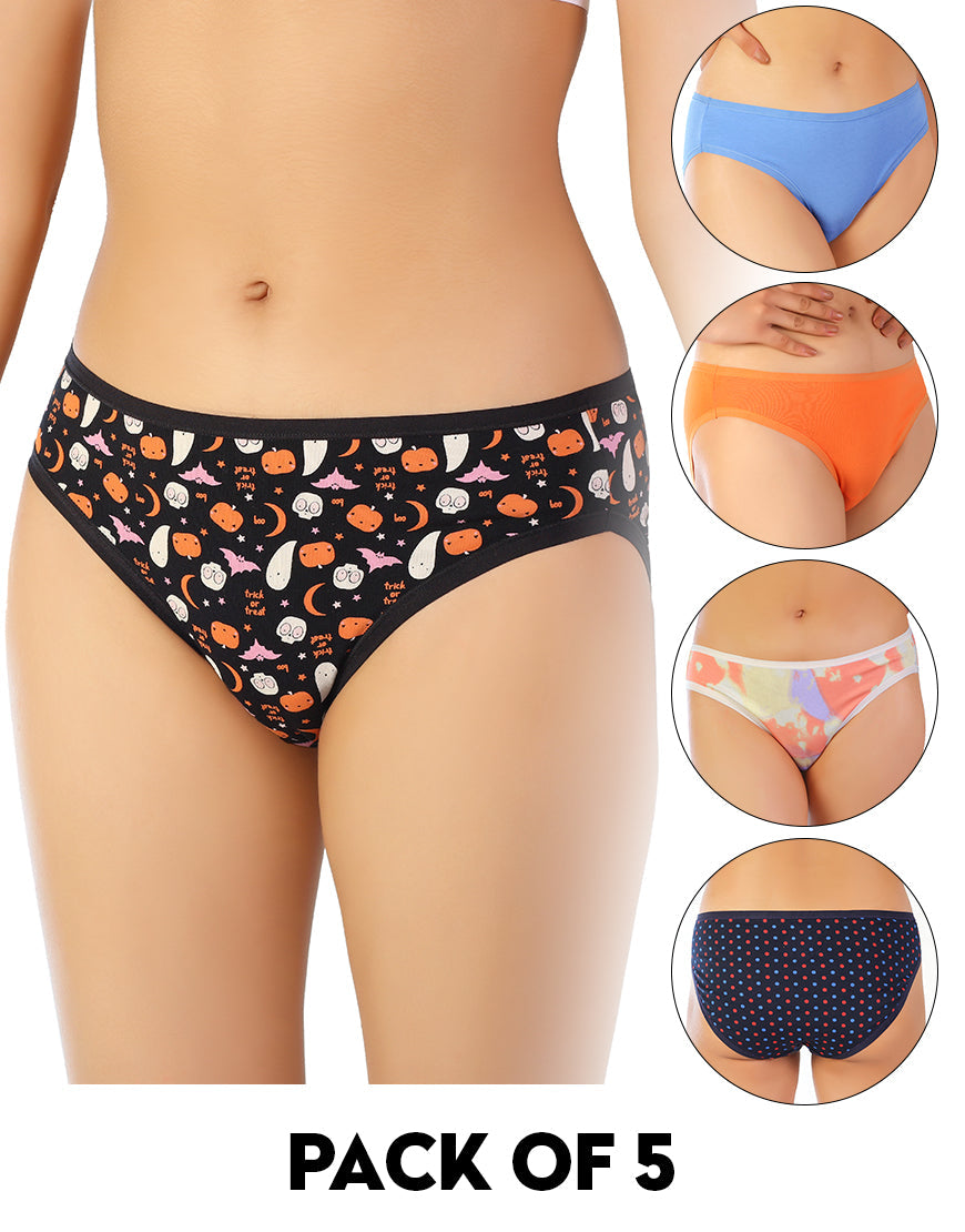 PACK OF 5 SUPER SOFT COTTON STRETCH PRINTED BIKINI BRIEFS -PUMPKIN