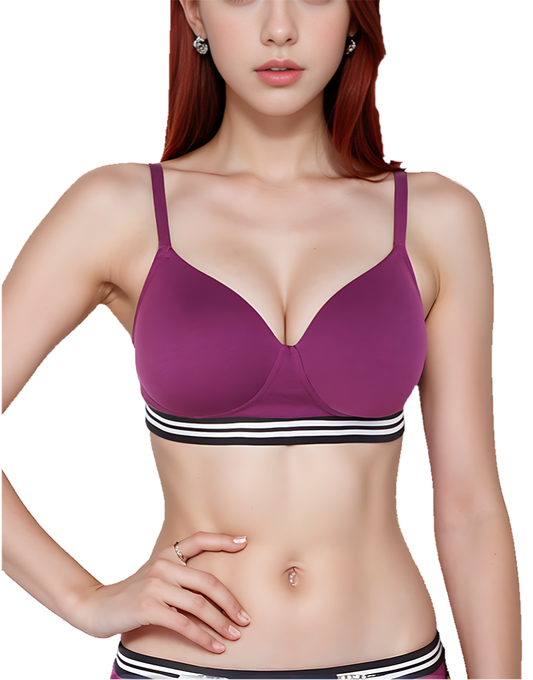 LIGHTLY PADDED NON WIRED TSHIRT BRA WITH STRIPED ELASTIC WAIST BAND-PURPLE