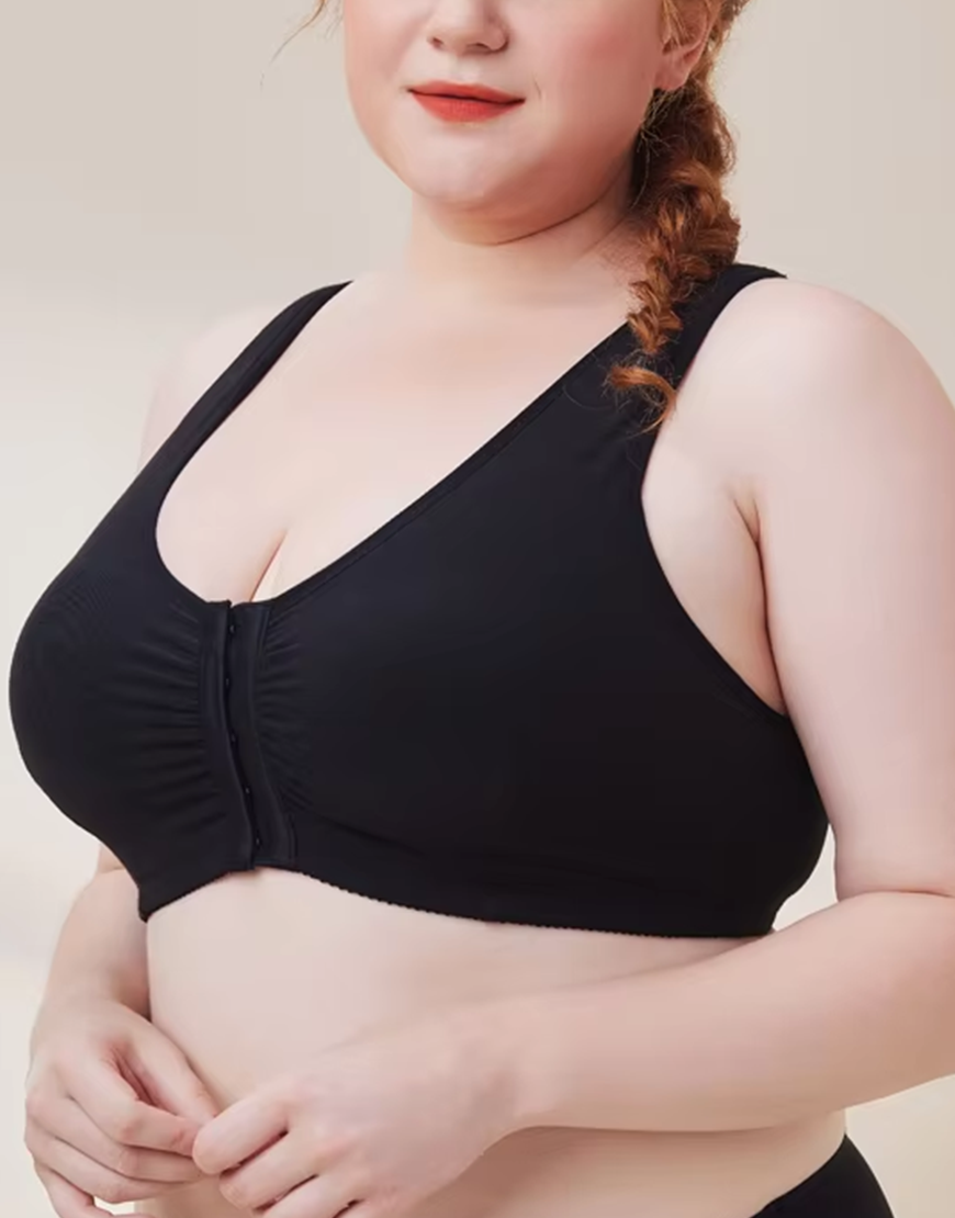 COTTON FRONT CLOSURE POST SURGICAL BRA WITH POCKETS-BLACK