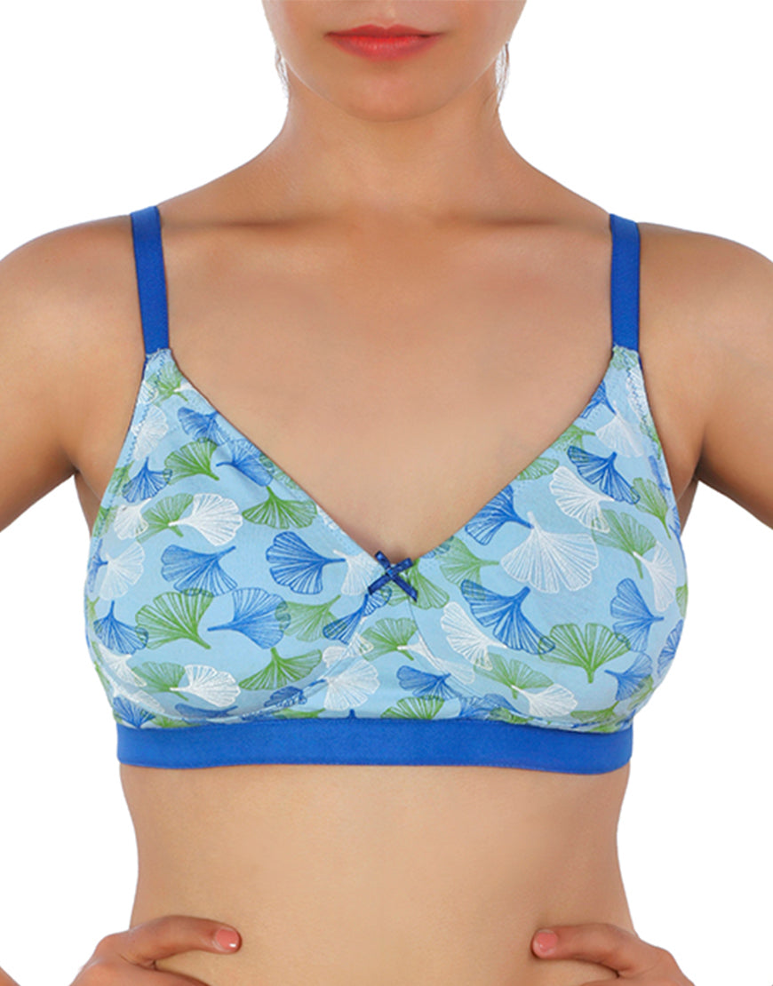 DOUBLE LAYERED COTTON WIREFREE BRA  WITH FLORAL PRINT-BLUE