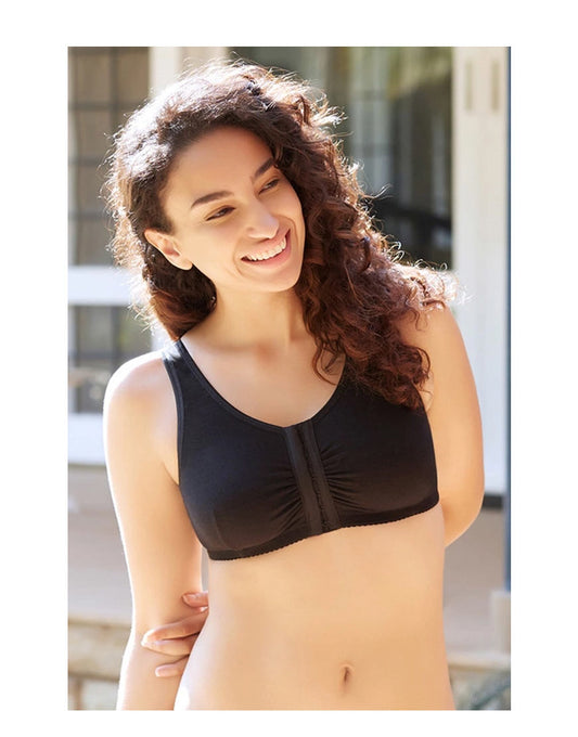 Plus Size Cotton Wire-free Darted Cup Front Open Bra - BLACK