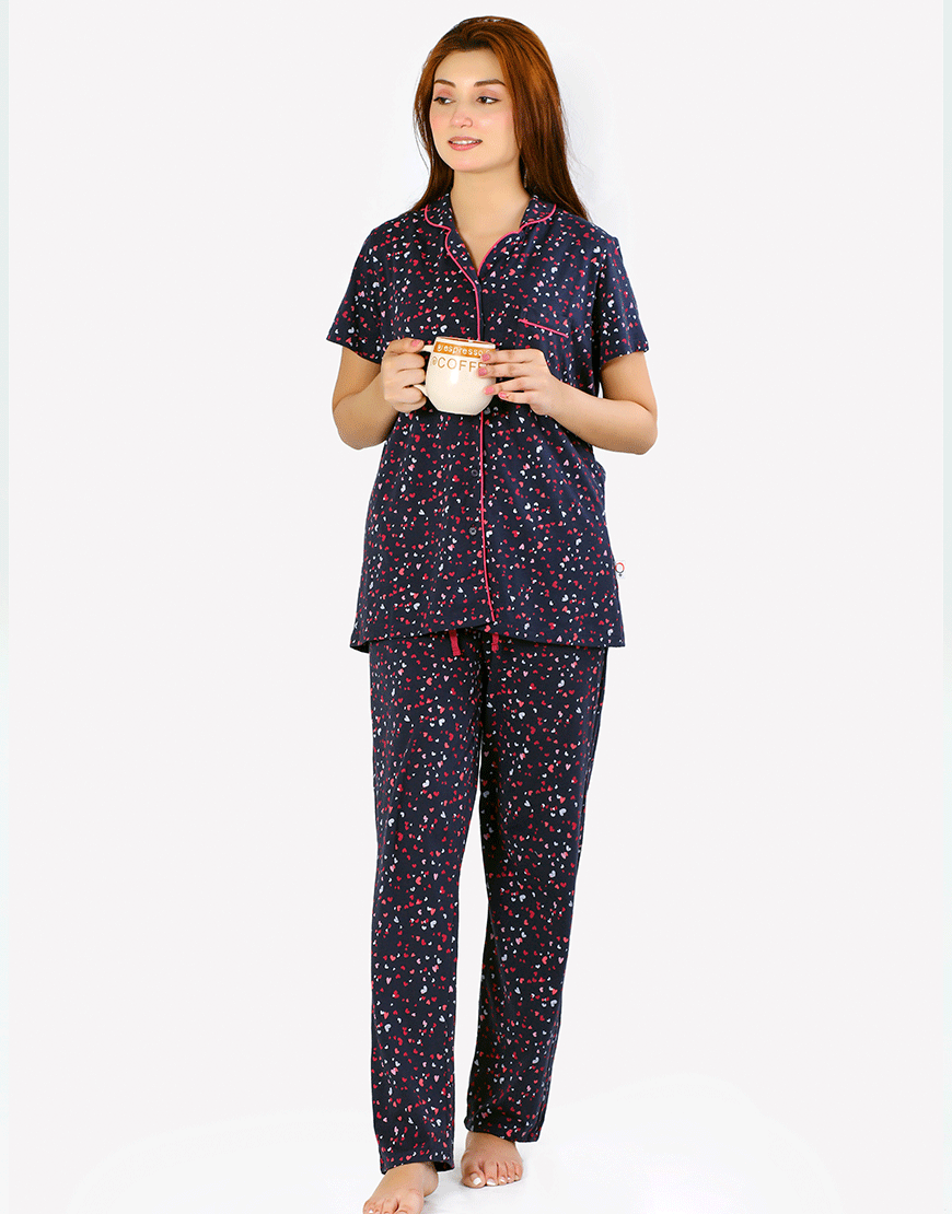 SIESTA COTTON BUTTON DOWN SHIRT & PJ SET- NAVY HEARTS