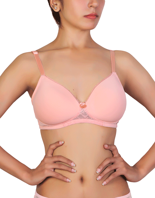 Wireless Go To T-Shirt Bra With a Touch Of Lace-PEACH PEARL